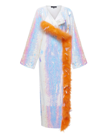 Накидка макси длины с перьями и боковыми разрезами  