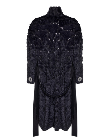 Пальто из экомеха с пайетками и поясом 
