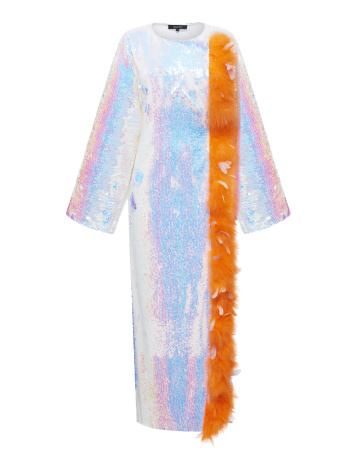 Накидка макси длины с перьями и боковыми разрезами  