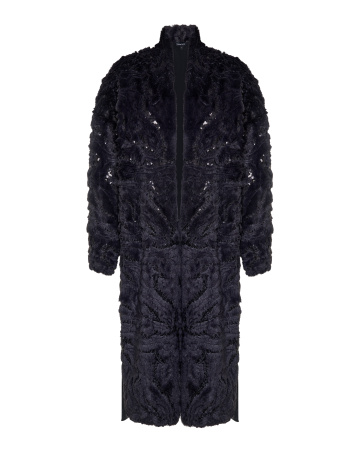 Пальто из экомеха с пайетками и поясом 