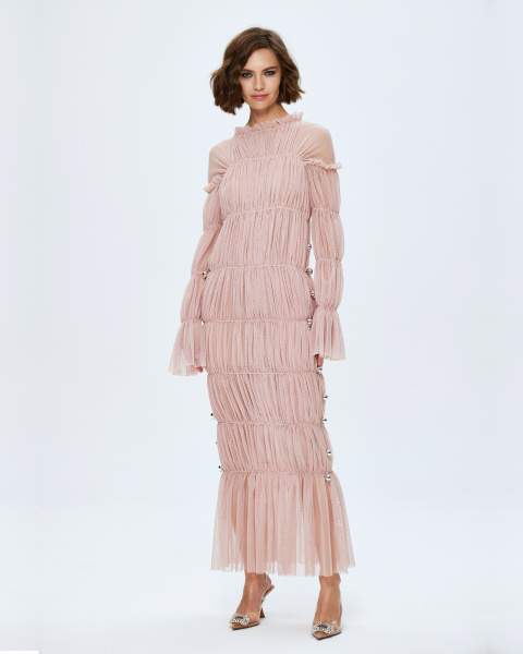 Платье-резинка из сетки с бусинами