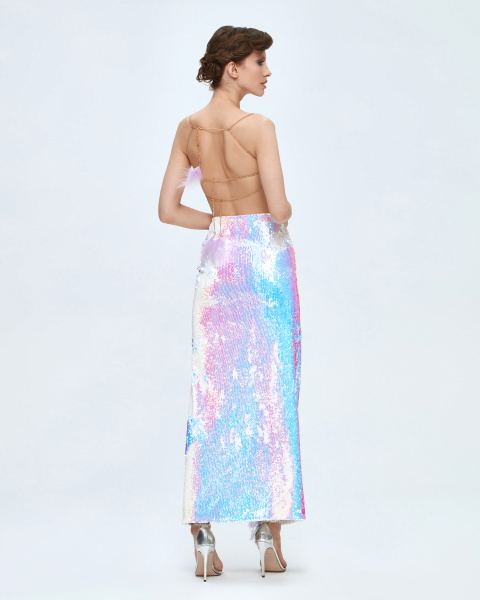 Юбка макси с перьями по линии разреза