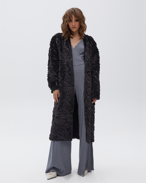 Пальто из экомеха с пайетками и поясом 