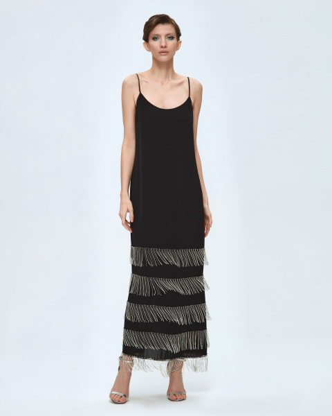 Платье-комбинация двухслойная макси с бахромой из страз