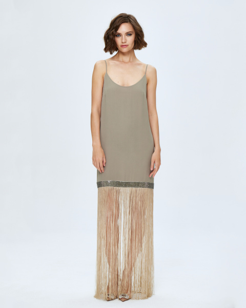 Платье-комбинация двухслойная мини с бахромой