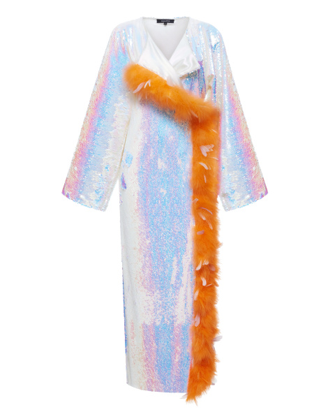 Накидка макси длины с перьями и боковыми разрезами  