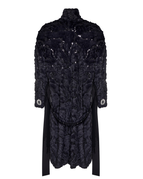 Пальто из экомеха с пайетками и поясом 