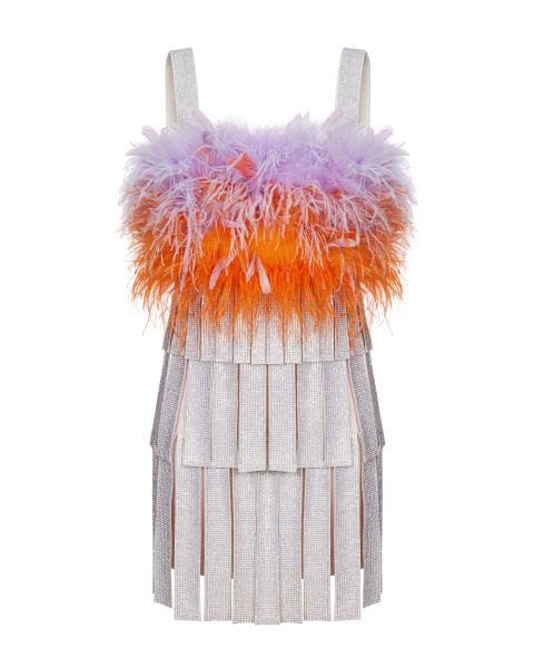 Платье мини из перьев и лент со стразами