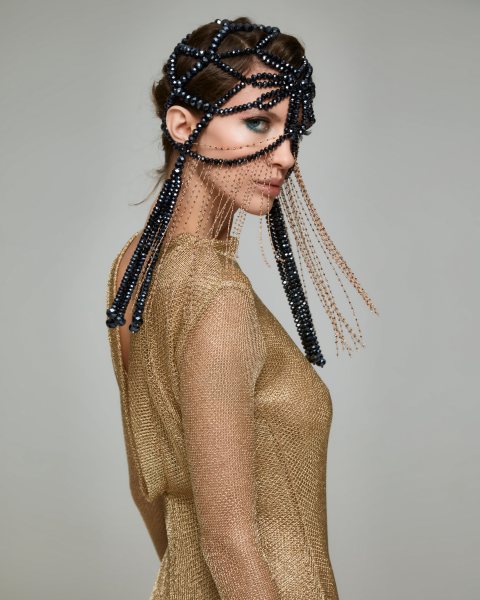 Украшение на голову из бусин и цепей с авантюрином