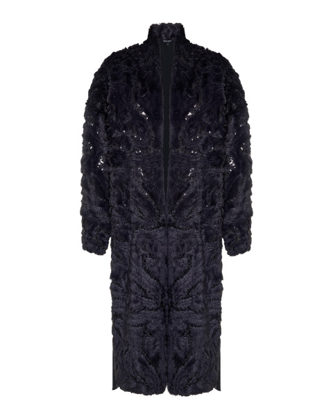 Пальто из экомеха с пайетками и поясом 