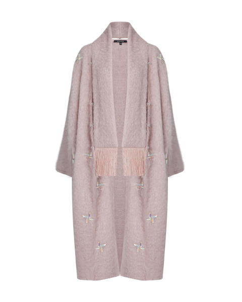 Пальто макси с шарфом на бусинах